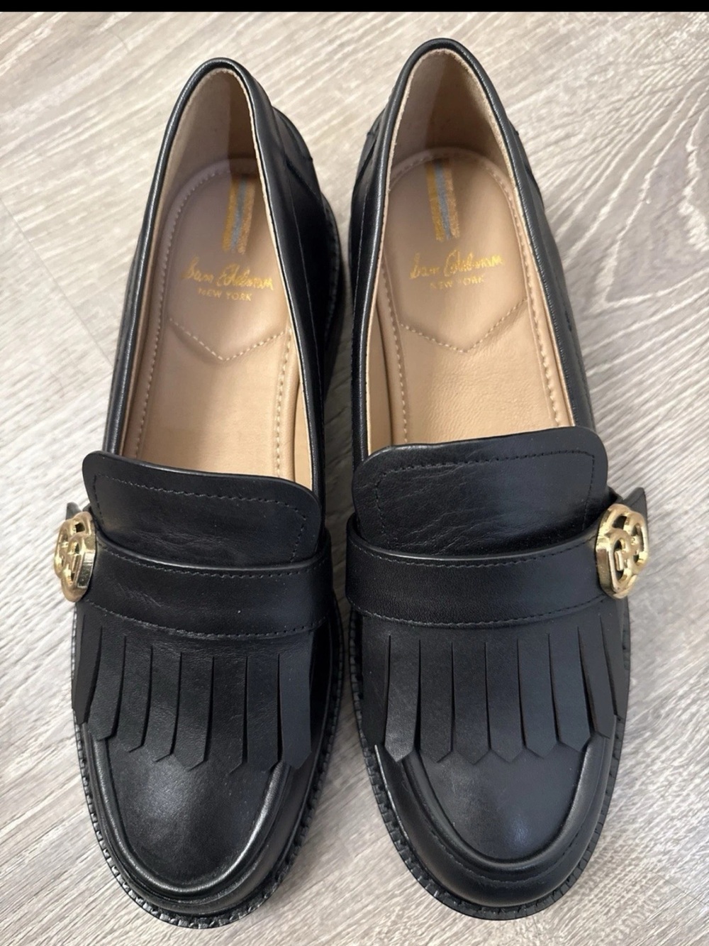 Sam Edelman Black Leather Fringe Loafers with Gold Accent